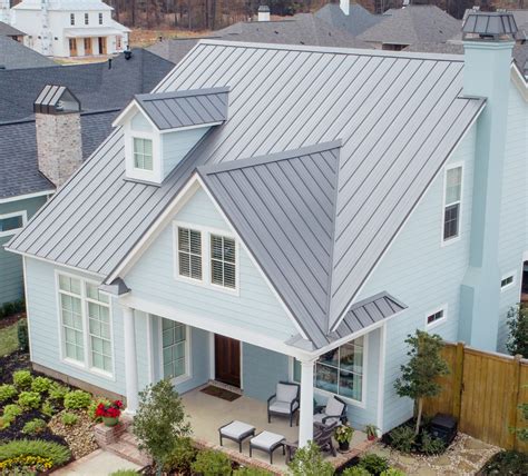 blue house with silver metal roof|colors that go with metal roof.